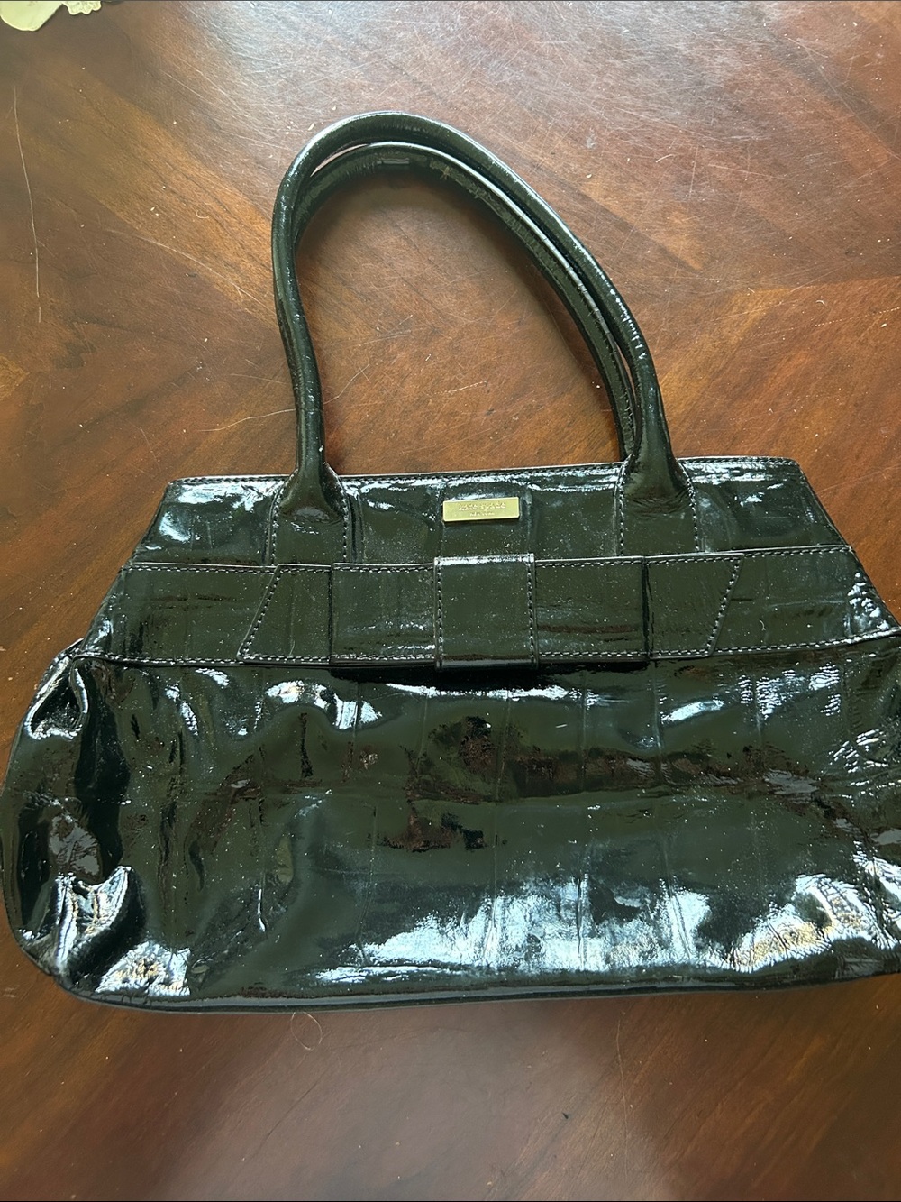kate spade Black Patent Leather Shoulder Bag with Front Bow